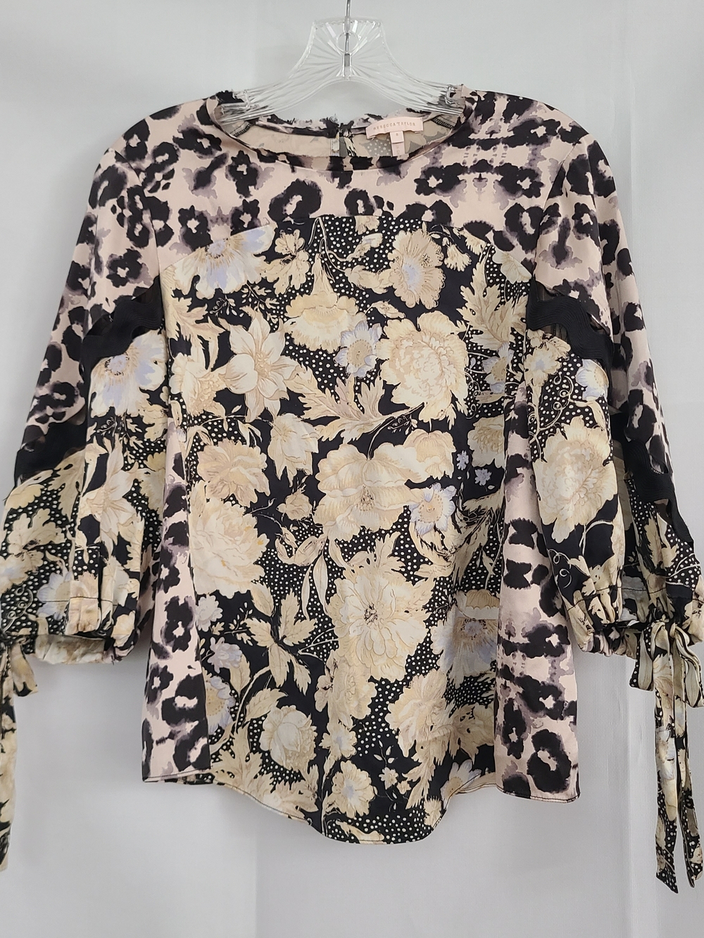 Rebecca Taylor Sz 8 Black Cream Floral Leopard Mix Print 100% Silk Blouse